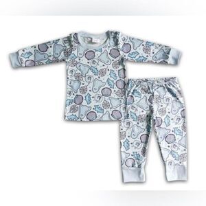 EUC Boys Blue Halloween Ghosts Pajama Set PJ Lounge Top/Pants Ruffle - 3T